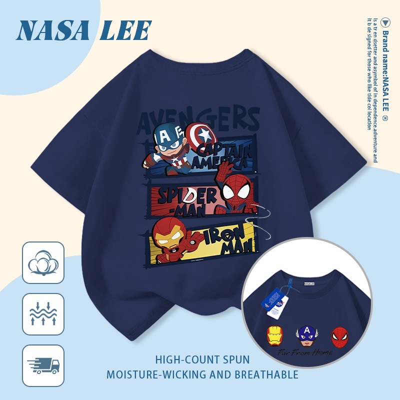 [Giao hàng trong ngày] Áo thun Cotton nguyên chất màu đen trắng cho trẻ em NASA Áo thun Cotton thoáng khí hoạt hình hợp thời trang in hình anh hùng 3-16 tuổi bé trai bé gái tay ngắn thông thường