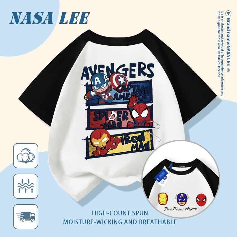 [Giao hàng trong ngày] Áo thun Cotton nguyên chất màu đen trắng cho trẻ em NASA Áo thun Cotton thoáng khí hoạt hình hợp thời trang in hình anh hùng 3-16 tuổi bé trai bé gái tay ngắn thông thường