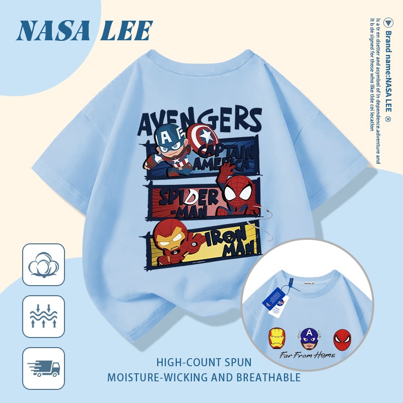 [Giao hàng trong ngày] Áo thun Cotton nguyên chất màu đen trắng cho trẻ em NASA Áo thun Cotton thoáng khí hoạt hình hợp thời trang in hình anh hùng 3-16 tuổi bé trai bé gái tay ngắn thông thường