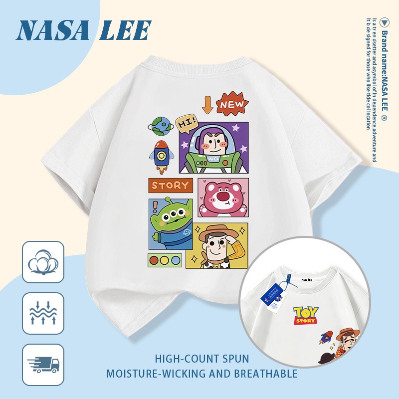 [Giao hàng trong ngày] Áo thun Cotton nguyên chất màu xanh hải quân cho trẻ em NASA Áo thun Cotton thoáng khí hoạt hình hợp thời trang In nhân vật Anime 3-16 tuổi Bé trai bé gái tay ngắn thông thường