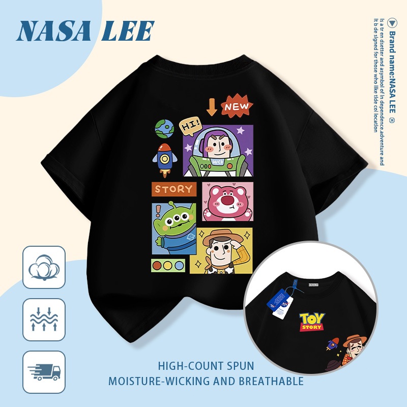 [Giao hàng trong ngày] Áo thun Cotton nguyên chất màu xanh hải quân cho trẻ em NASA Áo thun Cotton thoáng khí hoạt hình hợp thời trang In nhân vật Anime 3-16 tuổi Bé trai bé gái tay ngắn thông thường