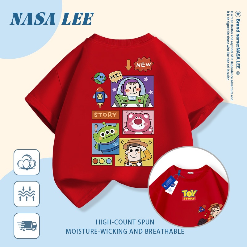 [Giao hàng trong ngày] Áo thun Cotton nguyên chất màu xanh hải quân cho trẻ em NASA Áo thun Cotton thoáng khí hoạt hình hợp thời trang In nhân vật Anime 3-16 tuổi Bé trai bé gái tay ngắn thông thường