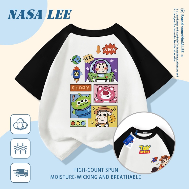 [Giao hàng trong ngày] Áo thun Cotton nguyên chất màu xanh hải quân cho trẻ em NASA Áo thun Cotton thoáng khí hoạt hình hợp thời trang In nhân vật Anime 3-16 tuổi Bé trai bé gái tay ngắn thông thường