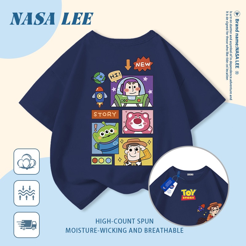 [Giao hàng trong ngày] Áo thun Cotton nguyên chất màu xanh hải quân cho trẻ em NASA Áo thun Cotton thoáng khí hoạt hình hợp thời trang In nhân vật Anime 3-16 tuổi Bé trai bé gái tay ngắn thông thường