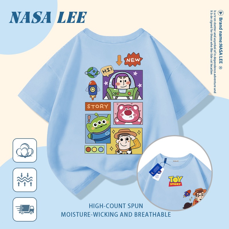 [Giao hàng trong ngày] Áo thun Cotton nguyên chất màu xanh hải quân cho trẻ em NASA Áo thun Cotton thoáng khí hoạt hình hợp thời trang In nhân vật Anime 3-16 tuổi Bé trai bé gái tay ngắn thông thường