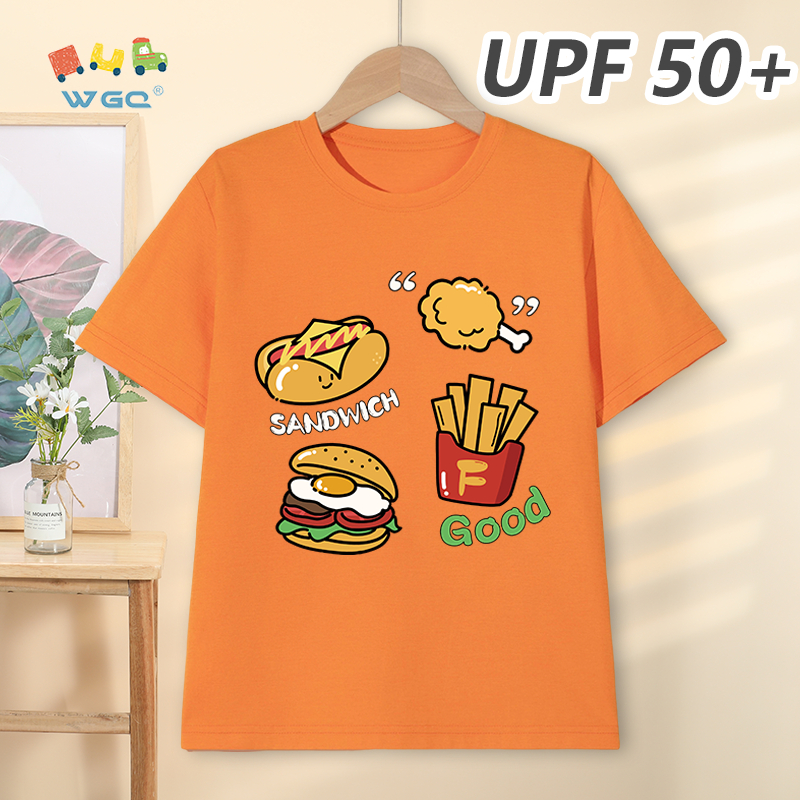 W.G.Q Áo thun bé trai，Phong cách mới mùa hè có in hình Burger，có chức năng chống nắng UPF50 +，Thoáng khí thoải mái