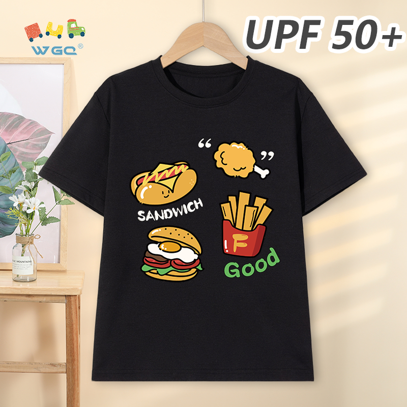 W.G.Q Áo thun bé trai，Phong cách mới mùa hè có in hình Burger，có chức năng chống nắng UPF50 +，Thoáng khí thoải mái