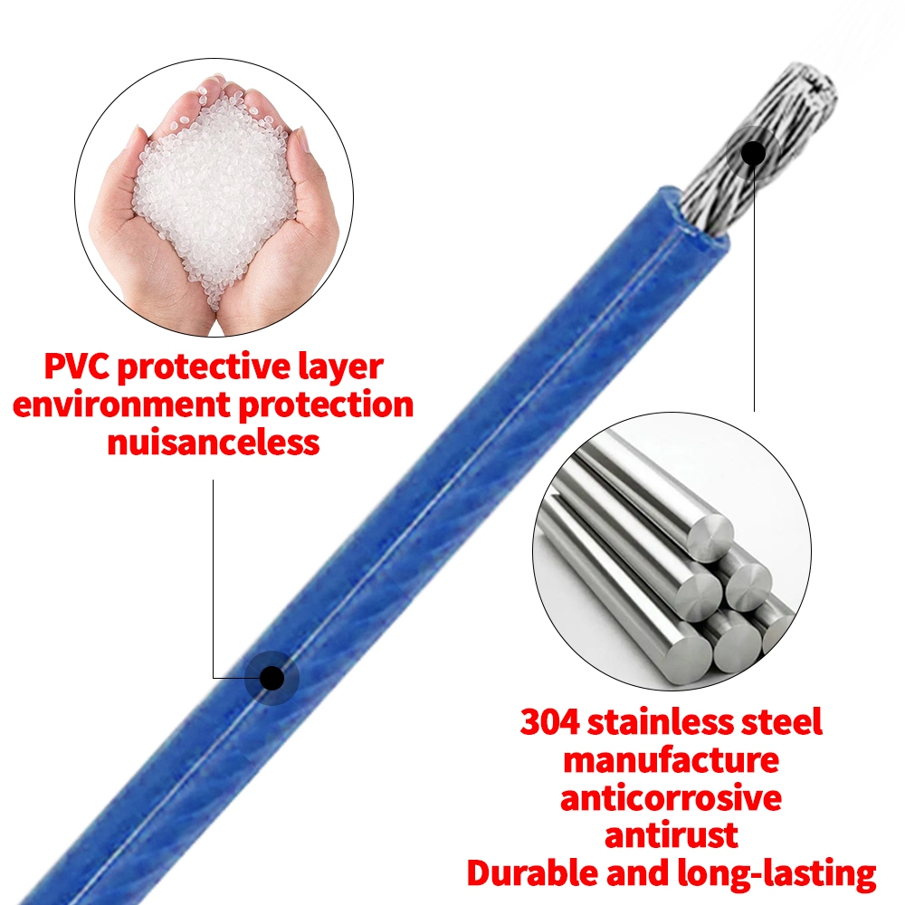 Thép không gỉ 304 Dây phủ PVC 1mm-6mm Cáp màu xanh cho dây phơi quần áo lan can Câu cá sân vườn DIY