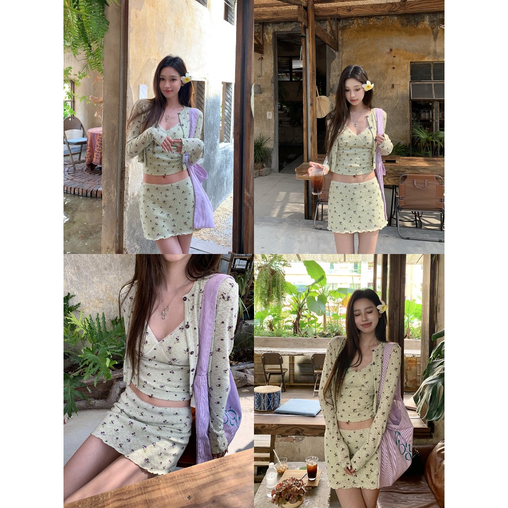 [BANKO] Phiên bản Hàn Quốc dành cho nữ mùa hè Slim-fit Áo yếm hoa cổ chữ v / Áo khoác dài tay / Váy (Mua riêng)