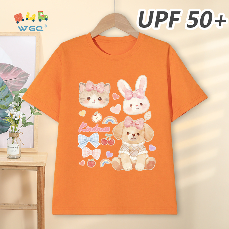 W.G.Q Áo thun bé gái，Phong cách mới mùa hè có in hình búp bê，có chức năng chống nắng UPF50 +，Thoải mái mát mẻ，hấp thụ mồ hôi thoáng khí