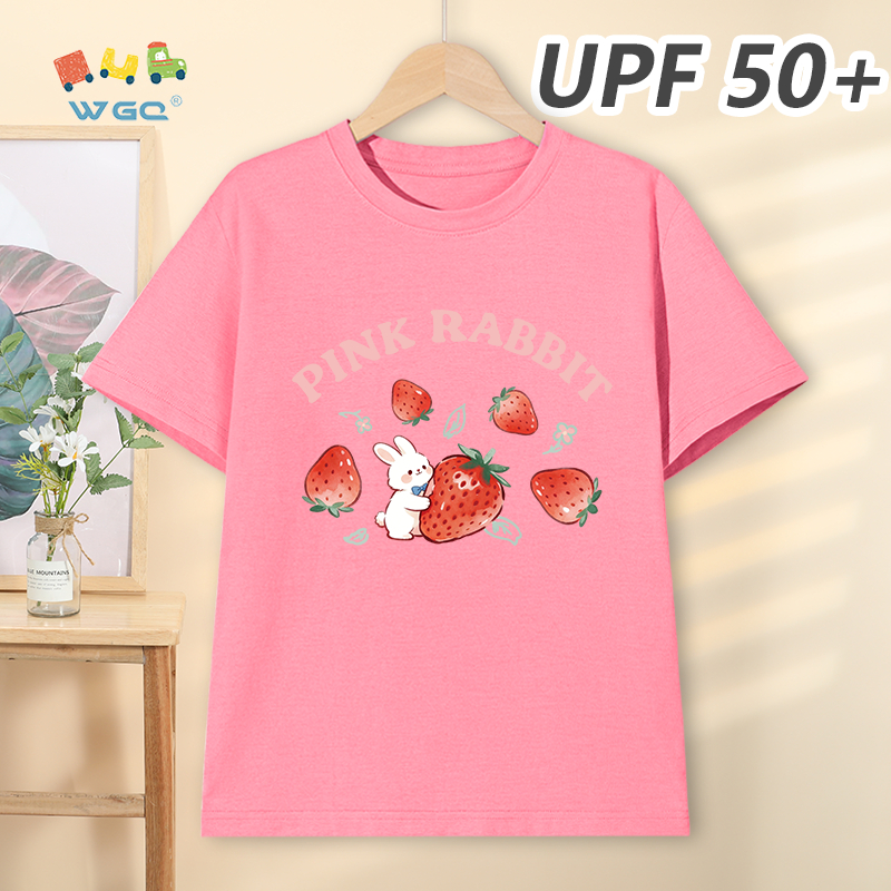 W.G.Q Áo thun bé gái，Phong cách mới mùa hè có in hình dâu tây，có chức năng chống nắng UPF50 +，Thoáng khí thoải mái