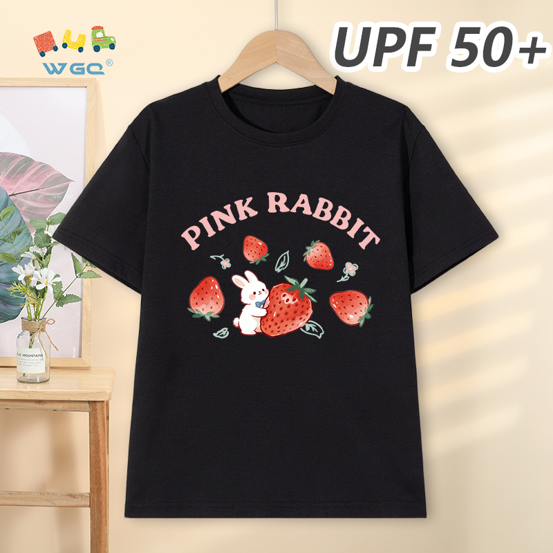 W.G.Q Áo thun bé gái，Phong cách mới mùa hè có in hình dâu tây，có chức năng chống nắng UPF50 +，Thoáng khí thoải mái