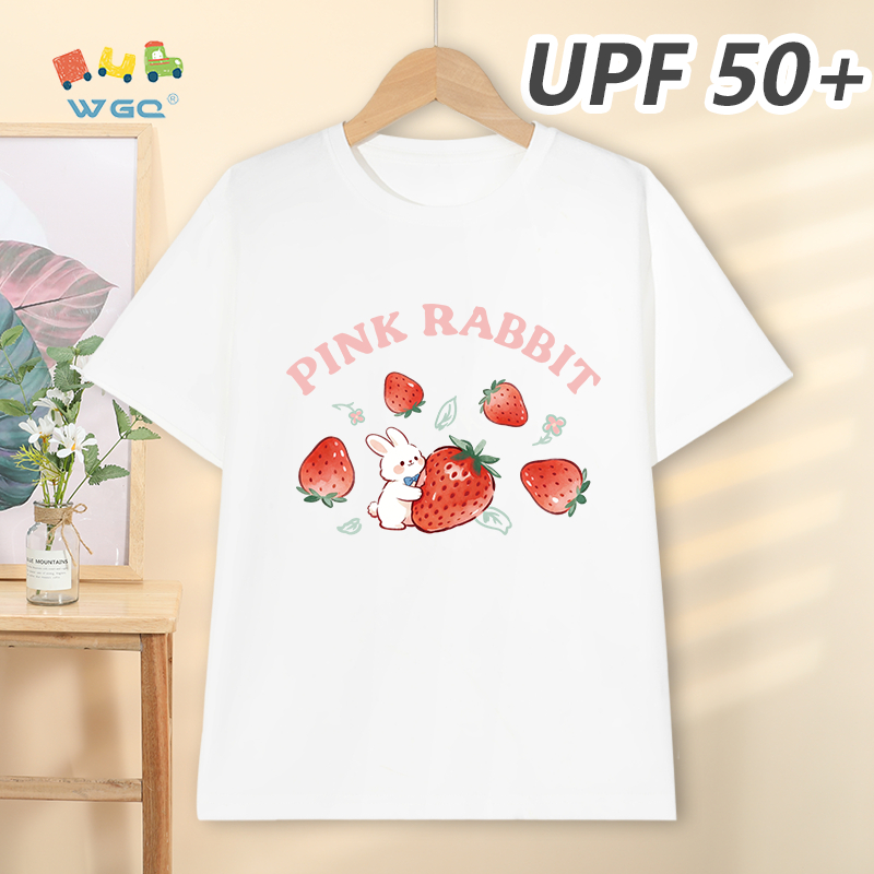 W.G.Q Áo thun bé gái，Phong cách mới mùa hè có in hình dâu tây，có chức năng chống nắng UPF50 +，Thoáng khí thoải mái