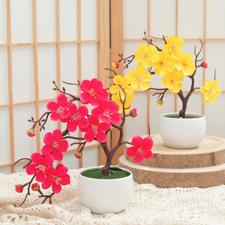 [BÁN] Hoa mận nhân tạo Cây cảnh Hoa lụa Chậu cây anh đào giả Văn phòng tại nhà Trang trí máy tính để bàn Phong cách Zen Phương Đông Thu nhỏ Quà tặng cây xanh nhỏ Hồng Trắng Đỏ Năm mới