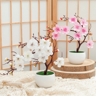 [BÁN] Hoa mận nhân tạo Cây cảnh Hoa lụa Chậu cây anh đào giả Văn phòng tại nhà Trang trí máy tính để bàn Phong cách Zen Phương Đông Thu nhỏ Quà tặng cây xanh nhỏ Hồng Trắng Đỏ Năm mới