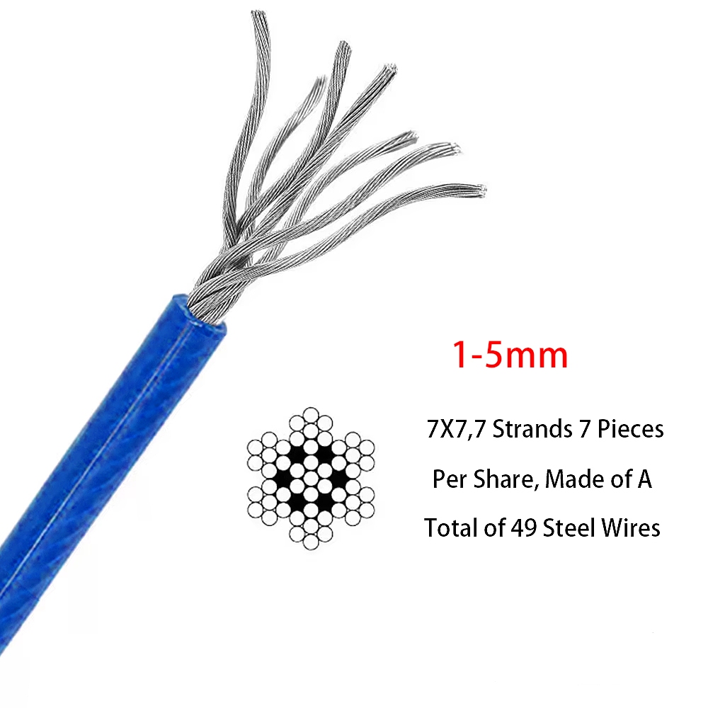 Thép không gỉ 304 Dây phủ PVC 1mm-6mm Cáp màu xanh cho dây phơi quần áo lan can Câu cá sân vườn DIY