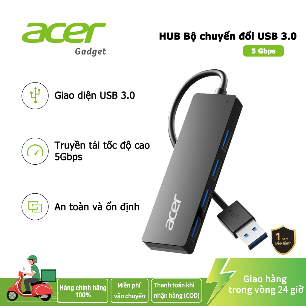 Acer Hub chuyển đổi USB 3.0 2.0 Truyền tải nhanh chóng 4 trong 1 4 cổng dữ liệu USB-A 5Gbps thích hợp cho laptop Macbook Máy tính xách tay Chuột Bàn phím và các thiết bị khác UH401 | BigBuy360 - bigbuy360.vn