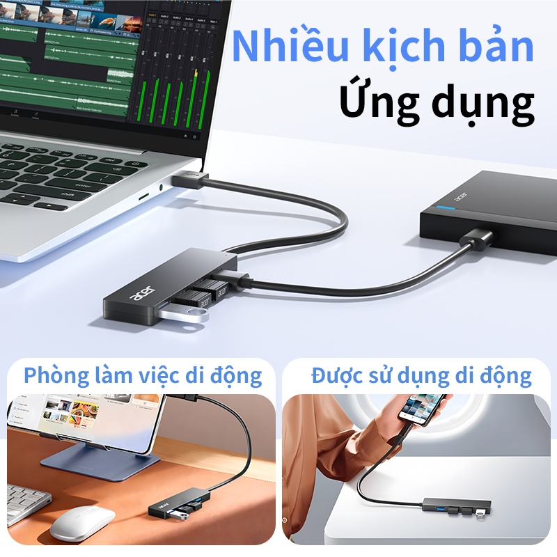 Acer Hub chuyển đổi USB 3.0 2.0 Truyền tải nhanh chóng 4 trong 1 4 cổng dữ liệu USB-A 5Gbps thích hợp cho laptop Macbook Máy tính xách tay Chuột Bàn phím và các thiết bị khác UH401 | BigBuy360 - bigbuy360.vn