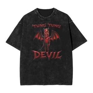 Brainrot Meme Joke Tung Tung Quỷ Thời Trang Nam Retro Giặt Áo Thun Cotton Nguyên Chất In Hình