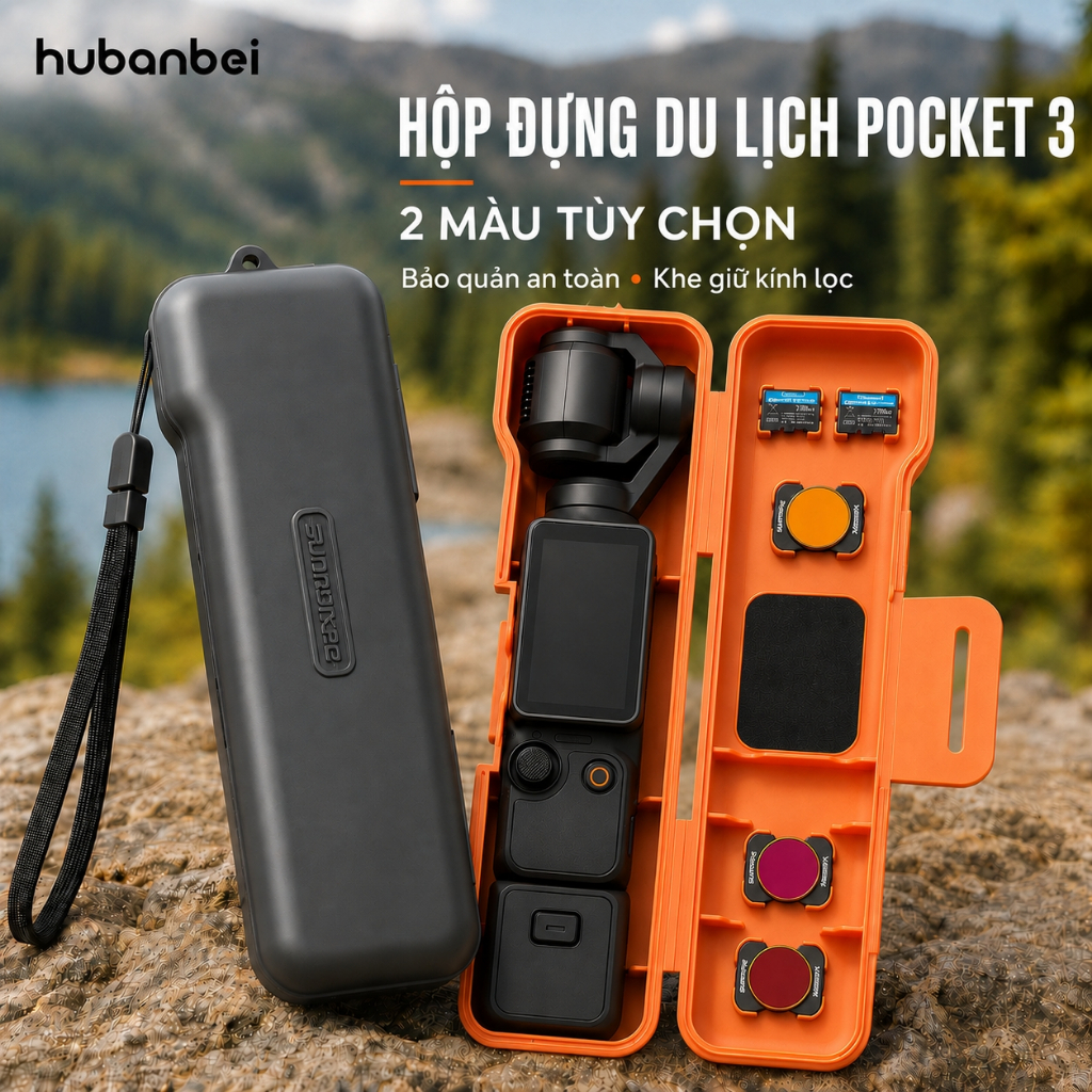 Hộp chống nước cho DJI Osmo Pocket 3 Creator Combo – Túi cứng nhỏ gọn với khe gắn filter CPL/ND từ tính & khe thẻ SD, kèm dây đeo tay