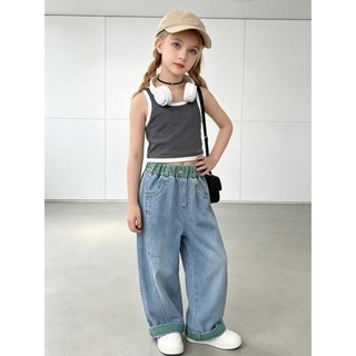 MuyoNowo Trẻ Em Cong Baggy Jeans Màu Cuff Mềm Giặt Quần Denim Cho Bé Trai Bé Gái