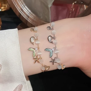 Vòng tay chủ đề đại dương tông màu bạc, Chuỗi hộp có thể điều chỉnh với hạt mắt mèo & giọng Cubic Zirconia, Bùa vỏ sao biển đuôi nàng tiên cá, Trang sức tuyên bố kỳ nghỉ cho nữ