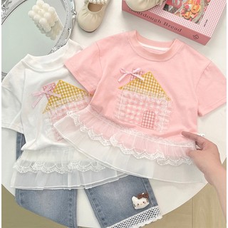 MuyoNowo Bé Gái 100% Cotton Nhà Miếng Dán Ren Viền Áo Thun Tay Ngắn Kẻ Sọc Dễ Thương Trẻ Em Tee