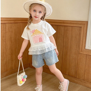 MuyoNowo Bé Gái 100% Cotton Nhà Miếng Dán Ren Viền Áo Thun Tay Ngắn Kẻ Sọc Dễ Thương Trẻ Em Tee