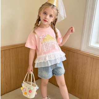 MuyoNowo Bé Gái 100% Cotton Nhà Miếng Dán Ren Viền Áo Thun Tay Ngắn Kẻ Sọc Dễ Thương Trẻ Em Tee