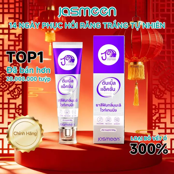 Kem Đánh Răng Làm Trắng Răng JASMEEN Thái Lan - Công Nghệ Tím Quang Học Đánh Bay Ố Vàng, Hơi Thở Thơm Mát 24H & Ngừa Mảng Bám Hiệu Quả