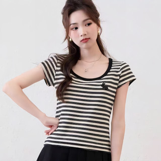 Áo Thun Ngắn Tay Slim Fit Họa Tiết Sọc và Hình Thỏ Dễ Thương - Thời Trang Mùa Hè