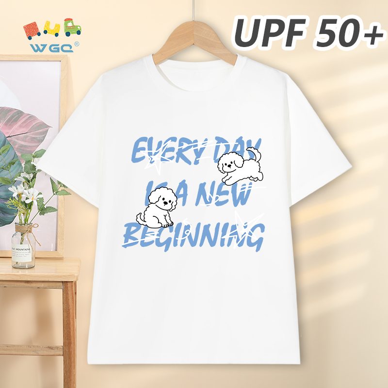 W.G.Q Áo thun bé trai，Phong cách mới mùa hè có chữ cái và in hình con chó con，có chức năng chống nắng UPF50 +，Thoải mái mát mẻ，hấp thụ mồ hôi thoáng khí