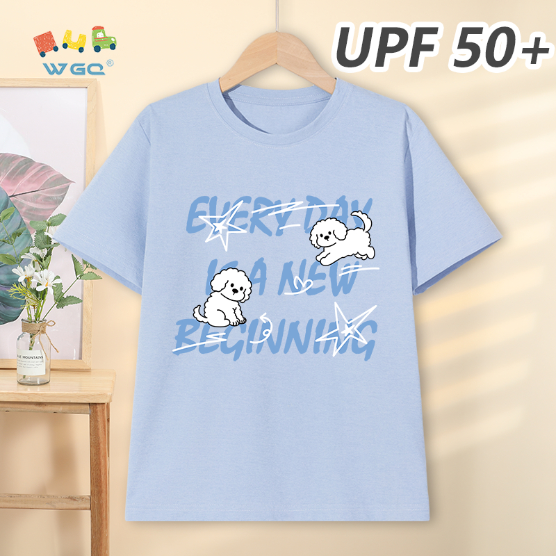 W.G.Q Áo thun bé trai，Phong cách mới mùa hè có chữ cái và in hình con chó con，có chức năng chống nắng UPF50 +，Thoải mái mát mẻ，hấp thụ mồ hôi thoáng khí