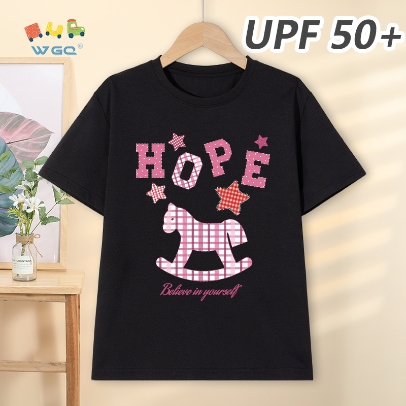 W.G.Q Áo thun bé gái，Phong cách mới mùa hè với họa tiết Pony，có chức năng chống nắng UPF50 +，Thoáng khí thoải mái，hấp thụ mồ hôi