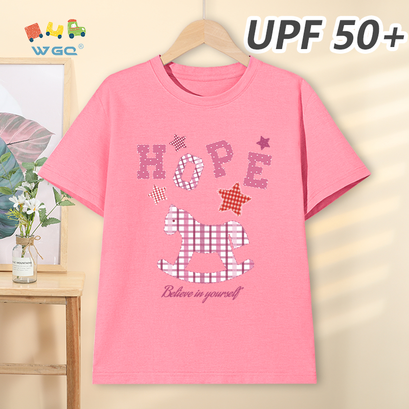 W.G.Q Áo thun bé gái，Phong cách mới mùa hè với họa tiết Pony，có chức năng chống nắng UPF50 +，Thoáng khí thoải mái，hấp thụ mồ hôi