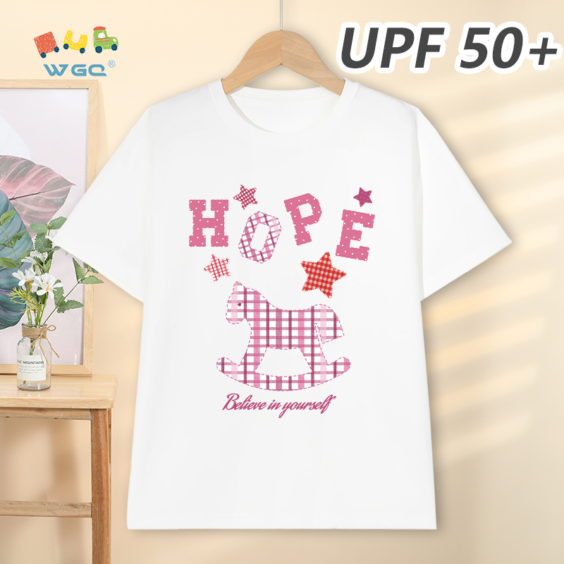 W.G.Q Áo thun bé gái，Phong cách mới mùa hè với họa tiết Pony，có chức năng chống nắng UPF50 +，Thoáng khí thoải mái，hấp thụ mồ hôi