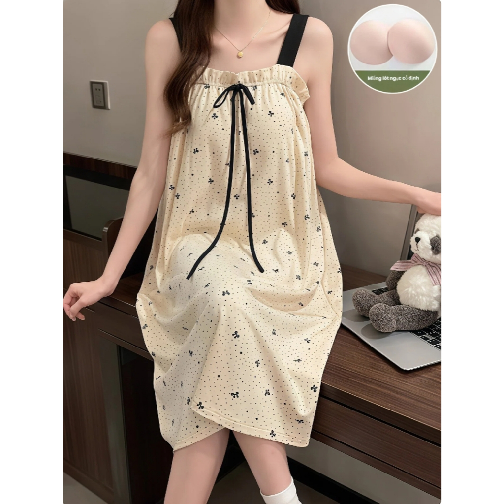 Đầm ngủ hai dây cotton mây cao cấp – Có đệm ngực, vải mềm mịn thoáng khí – Form dài thoải mái, mặc nhà hay đi chơi đều thanh lịch – Mẫu mới 2026