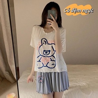 【Có đệm ngực】Bộ đồ ngủ mùa hè chất liệu bông 100%, in hình động vật dễ thương – Áo tay ngắn + quần sooc – Phong cách ngọt ngào dành cho học sinh / nữ sinh. Đồ mặc nhà.