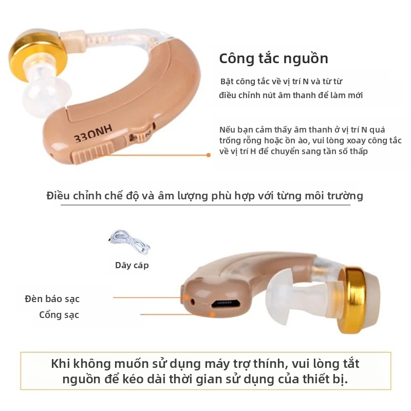 Máy trợ thính kỹ thuật số sạc lại, thiết bị hỗ trợ tai cho người lớn mất thính lực