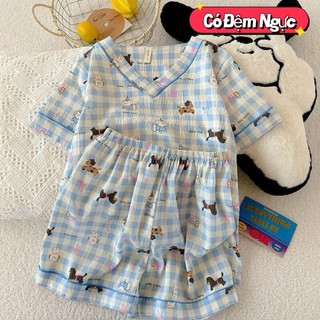 【Bông nguyên chất có miếng lót ngực】Bộ đồ ngủ mùa hè cổ V thoải mái - Áo thun + Quần đùi, chất liệu mát mịn, đánh giá 5 sao, thích hợp mặc nhà