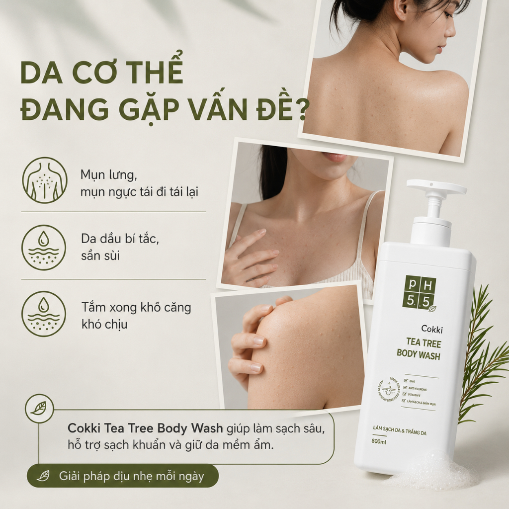 Cokki Sữa Tắm Tràm Trà Dưỡng Ẩm 800ml - Cho Da Nhạy Cảm, Cân Bằng Độ Ẩm & Làm Sạch Sâu Dịu Nhẹ