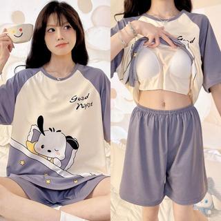【Có đệm ngực】Bộ đồ ngủ mùa hè mới nhất – áo tay ngắn + quần sooc, in họa tiết hoạt hình dễ thương – Dành cho học sinh, nữ sinh. Đồ mặc nhà.