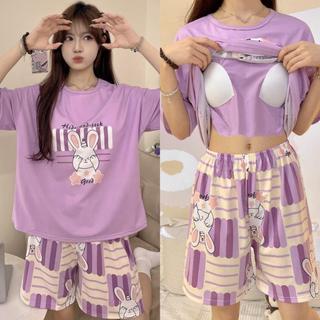 【Có đệm ngực】Bộ đồ ngủ mùa hè mới nhất – áo tay ngắn + quần sooc, in họa tiết hoạt hình dễ thương – Dành cho học sinh, nữ sinh. Đồ mặc nhà.