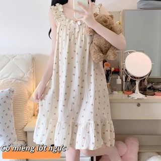 【Bông sạch + Có miếng lót ngực có thể tháo rời】Đầm ngủ dáng dài quây mùa hè | Viền ren điệu đà | Ngọt ngào – Gợi cảm – Đáng yêu | Chất bông mềm mịn, thấm hút | Đồ mặc nhà cao cấp cho nữ | Sale chốt liền!