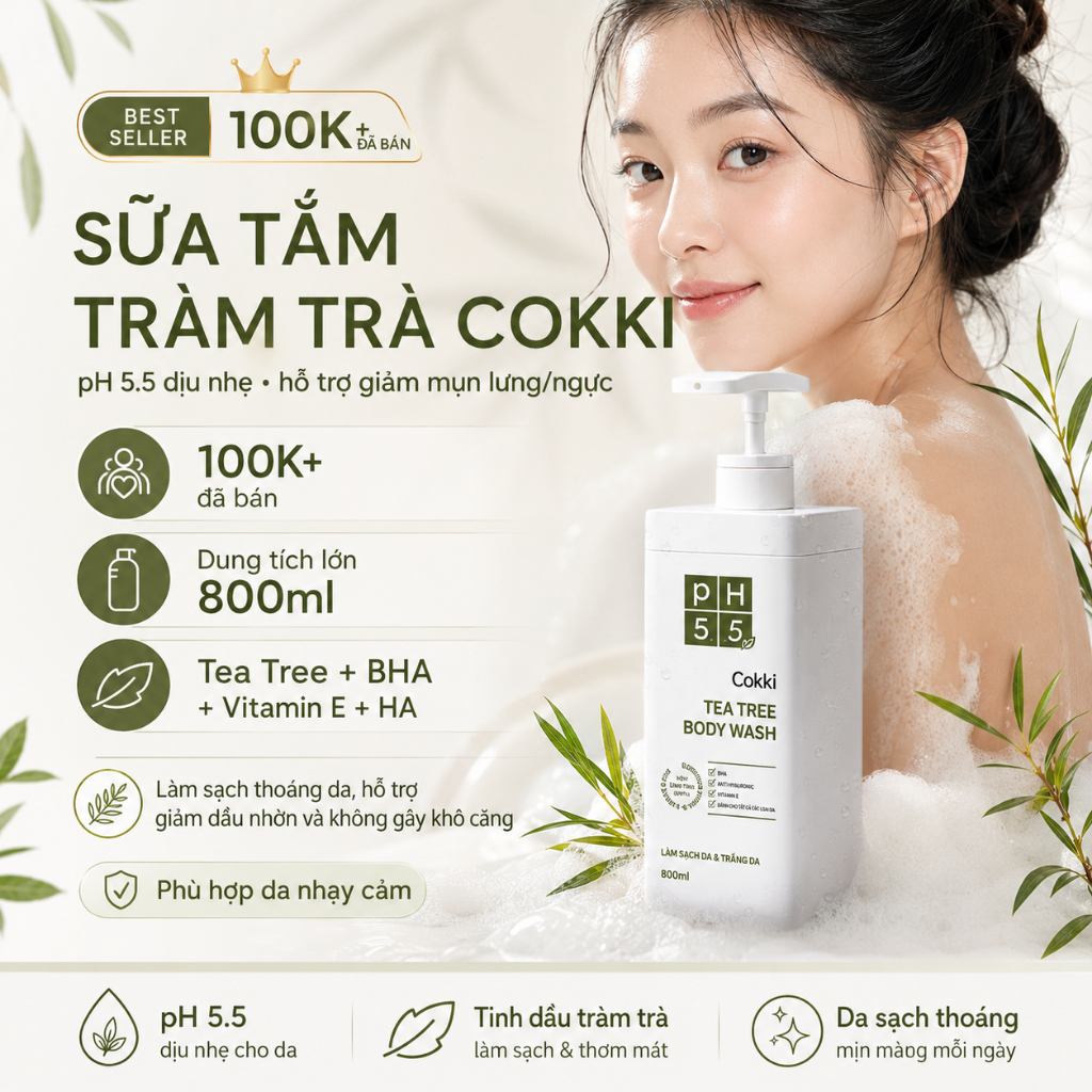 Cokki Sữa Tắm Tràm Trà Dưỡng Ẩm 800ml - Cho Da Nhạy Cảm, Cân Bằng Độ Ẩm & Làm Sạch Sâu Dịu Nhẹ