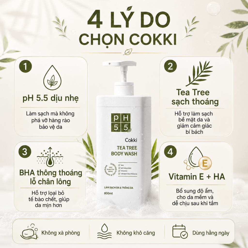 Cokki Sữa Tắm Tràm Trà Dưỡng Ẩm 800ml - Cho Da Nhạy Cảm, Cân Bằng Độ Ẩm & Làm Sạch Sâu Dịu Nhẹ