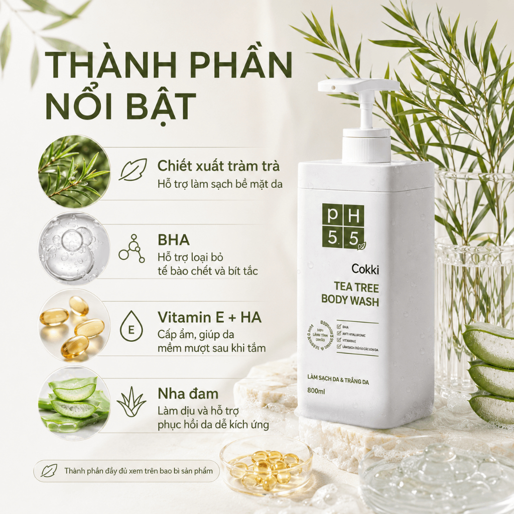Cokki Sữa Tắm Tràm Trà Dưỡng Ẩm 800ml - Cho Da Nhạy Cảm, Cân Bằng Độ Ẩm & Làm Sạch Sâu Dịu Nhẹ
