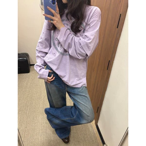 Unisex Vintage Chữ Vòng Tròn Logo Rách Giả Hai Mảnh Xanh Hải Quân, Tay Dài Màu Tím Taro