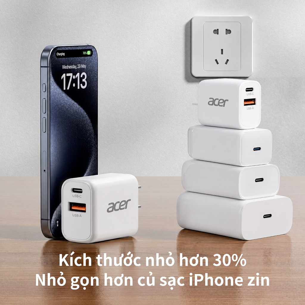 Acer Bộ sạc nhanh Type C + USB A PD 20W Power Adapter Không Nóng Máy An toàn và ổn định thích hợp cho for iP 15 14 13 12 C02 | BigBuy360 - bigbuy360.vn