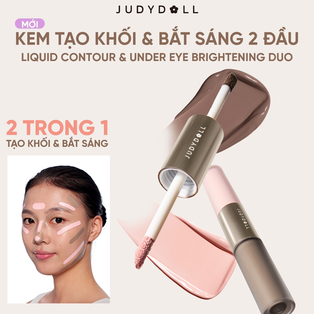 Kem Bắt Sáng & Tạo Khối 2 Đầu JUDYDOLL Liquid Highlighter & Contour Duo Lâu Trôi Dễ Tán Không vón cục Khối kem Triệt sắc 4,8g
